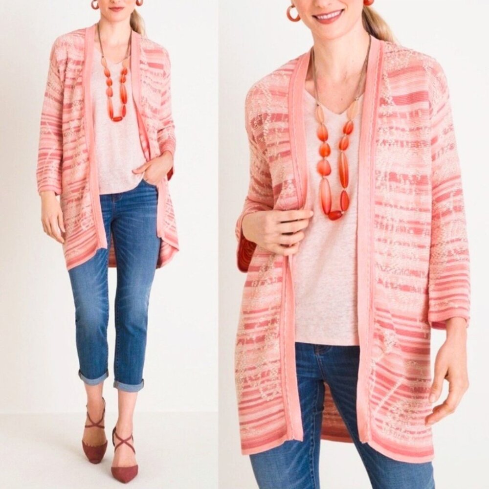 Chico's Jacquard Open-front Pink Sleeve Cardigan Sweater
